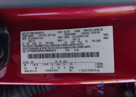 2020 Ford F-150 Xlt из США, поврежденный, VIN 1FTEW1EP9LFB64333